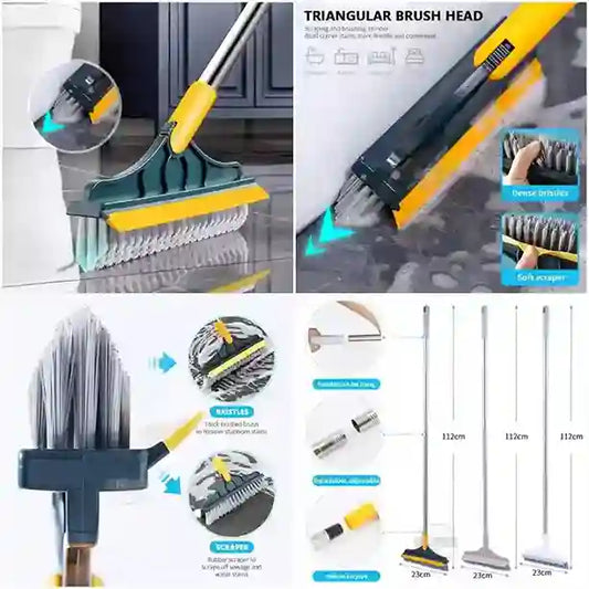 Cleaning tool with triangular brush head and telescopic handle, used for cleaning corners and edges.