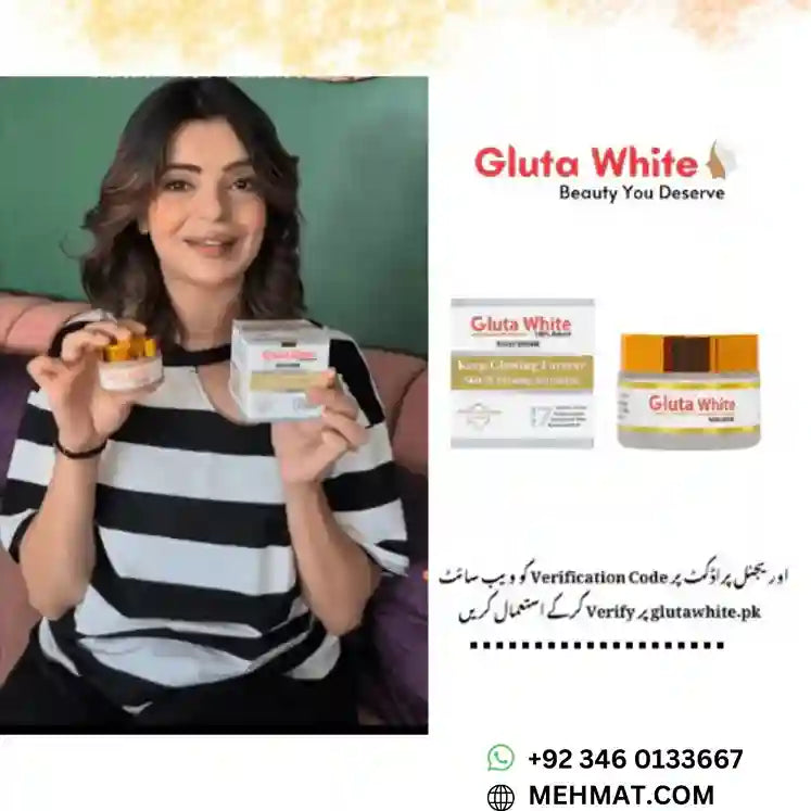 Woman holding Gluta White products with branding and contact information displayed.