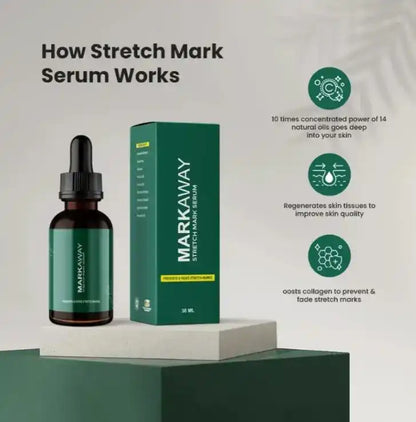 MARKAWAY stretch mark serum bottle and packaging on a light gray background