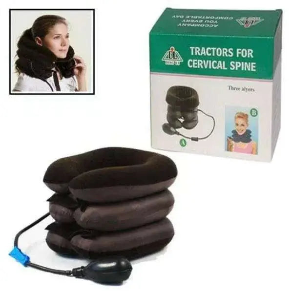Cervical neck traction device with packaging and inset photo of a person using it.