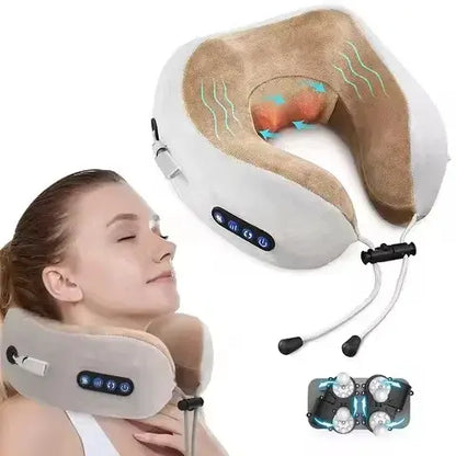 Woman using a neck massager with close-up details on a white background