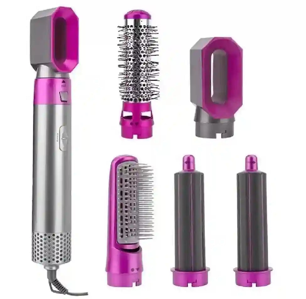 Set of purple and gray hair styling tools on a white background