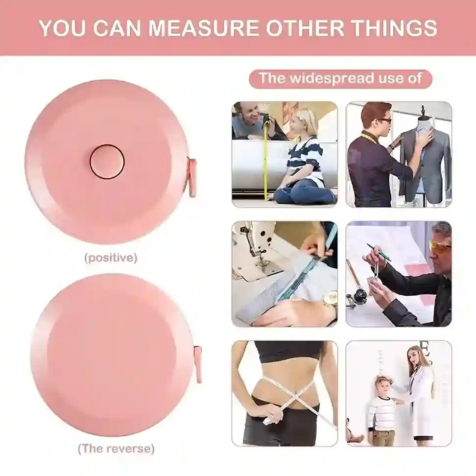 Pink measuring tape with images showing its use in various scenarios on a white background.