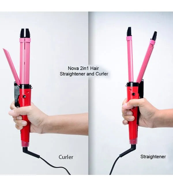 Red 2-in-1 hair straightener and curler with a hand holding it on a white background.