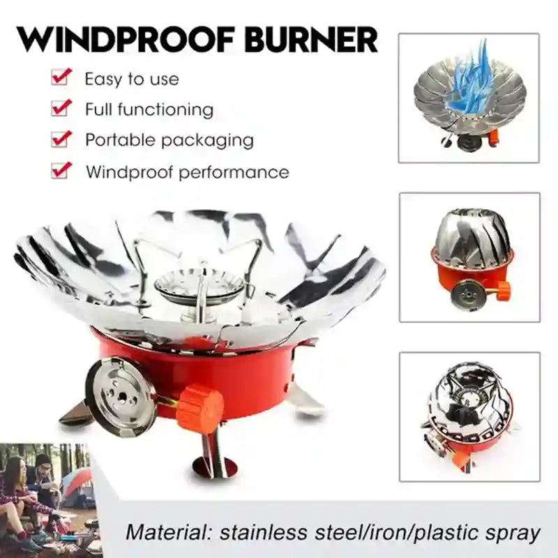 Windproof burner with features listed and close-up shots on a white background