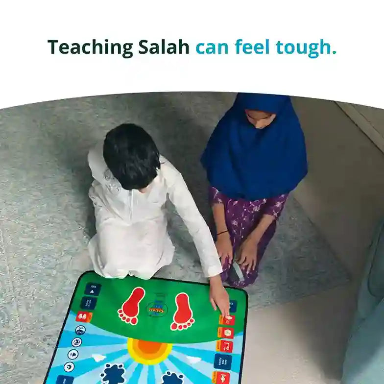 Two children sitting on a colorful mat with text 'Teaching Salah can feel tough.'