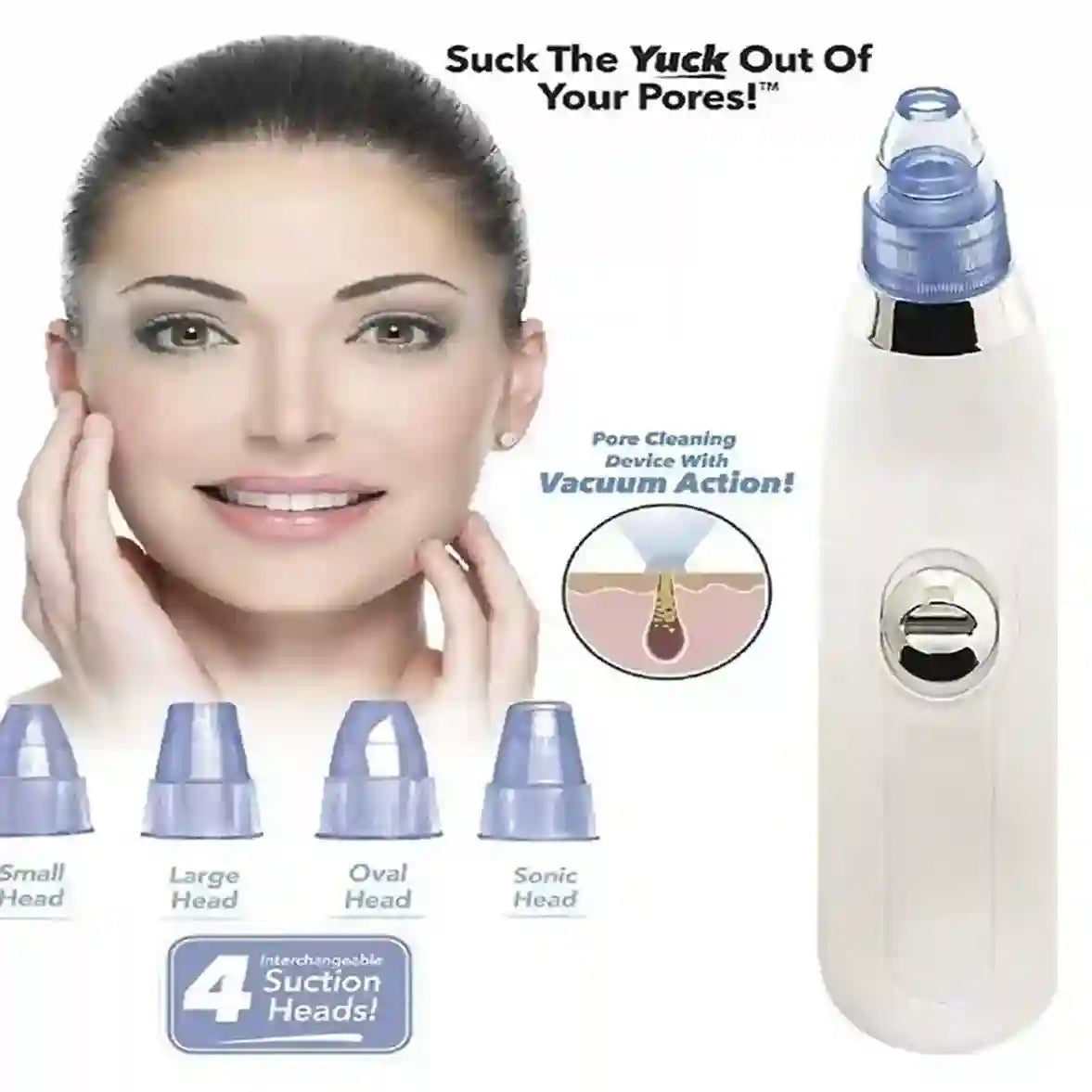 Pore cleaning device with interchangeable heads and a woman using it.