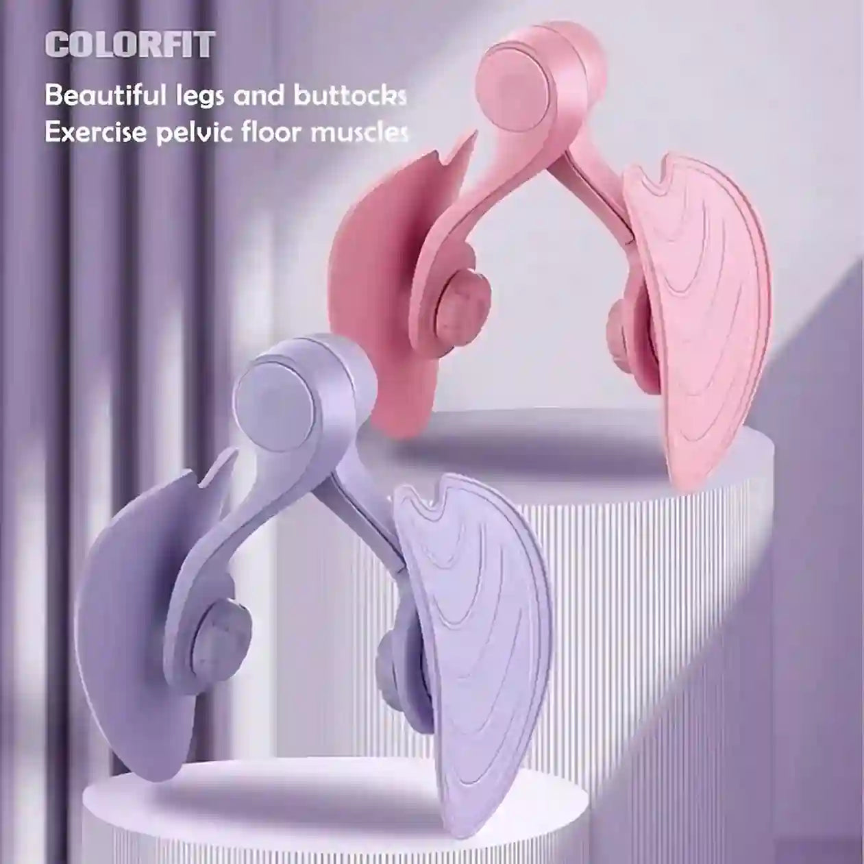 Pink and purple exercise device for pelvic floor muscles on a white background