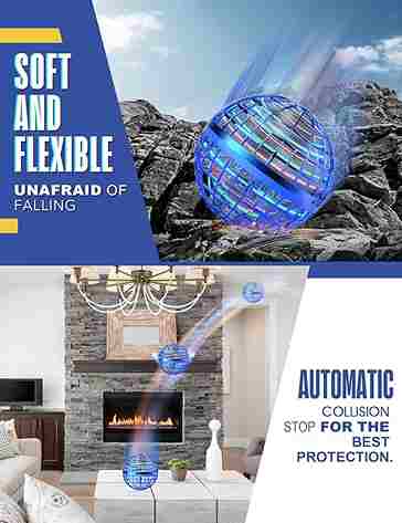 Product advertisement with a blue sphere labeled 'Soft and Flexible, Unafraid of Falling' in a living room setting.