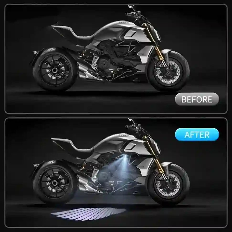 Motorcycle comparison before and after light enhancement on a dark background