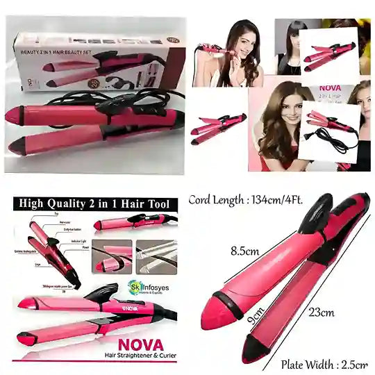 Collage of a pink hair straightener and curler with packaging, measurements, and promotional images.