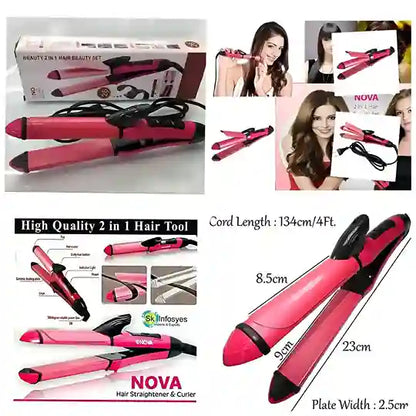 Collage of a pink hair straightener and curler with packaging, measurements, and promotional images.