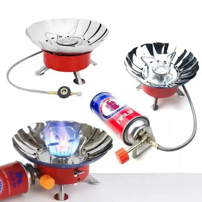 Portable gas stove with燃烧器和燃料罐 on a white background
