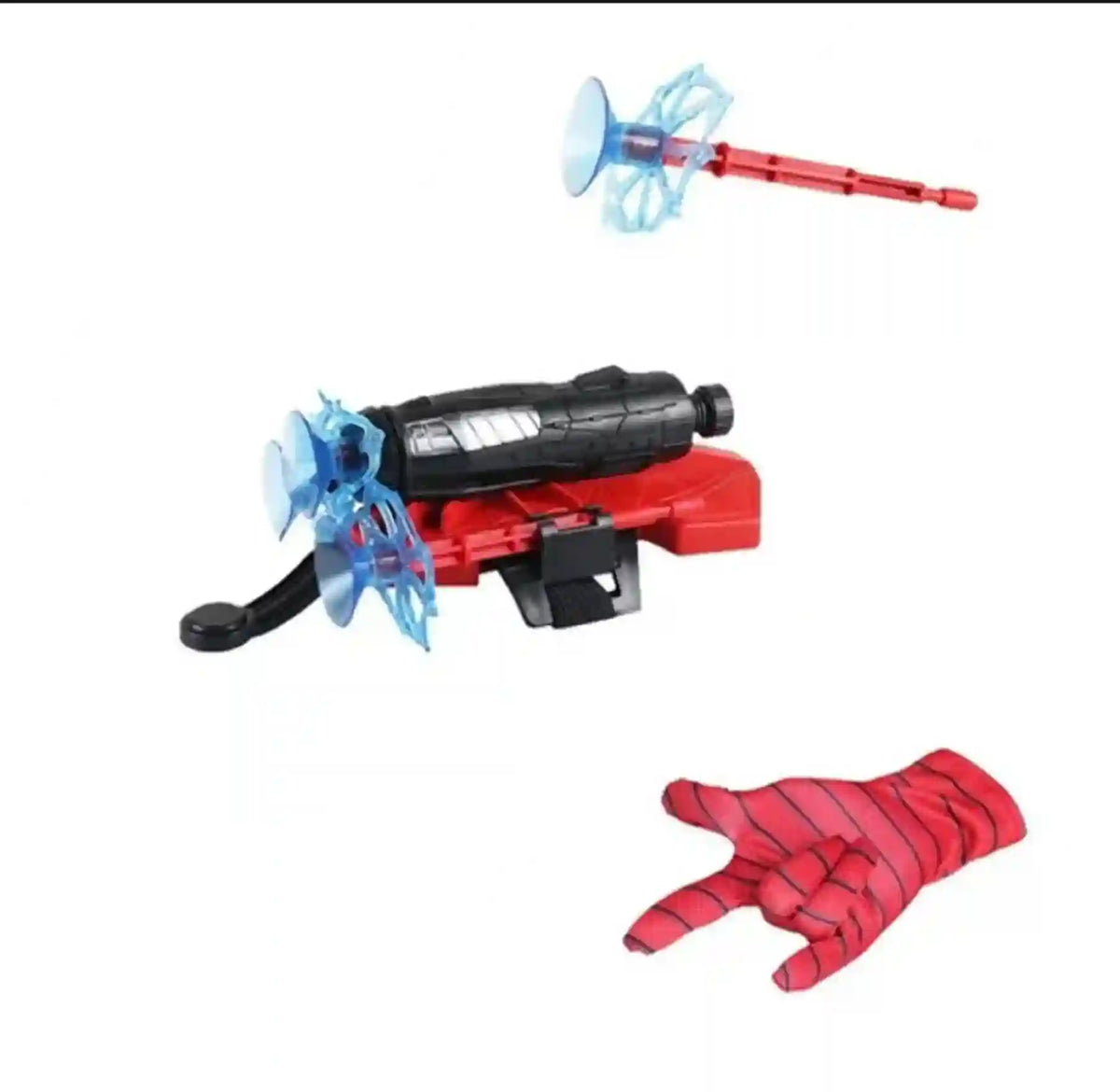Toy blaster with blue nocks and red accents on a white background