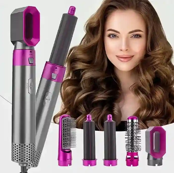 Hair styling tool with interchangeable attachments and a woman with styled hair.