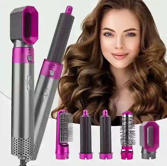 Hair styling tool with interchangeable attachments and a woman with styled hair.