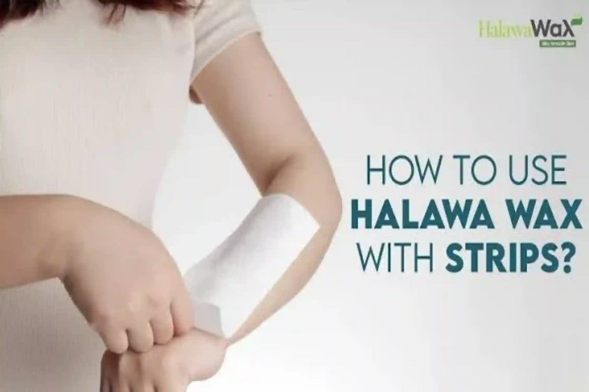 A person applying a white halawa wax strip to their forearm, with text on the right reading 'HOW TO USE HALAWA WAX WITH STRIPS?' and the Halawa Wax logo in the top right corner.