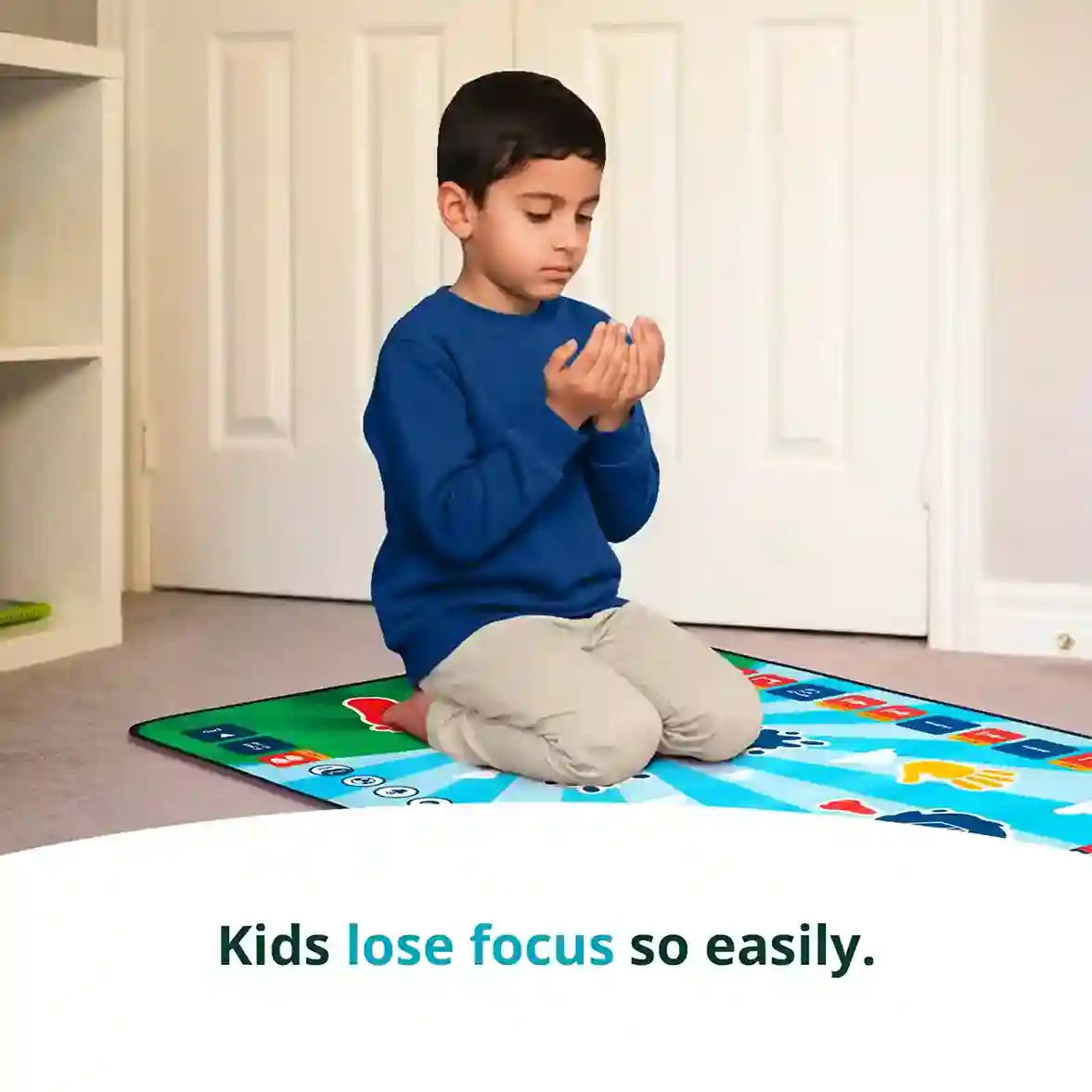 Child sitting on a colorful mat with text 'Kids lose focus so easily.'
