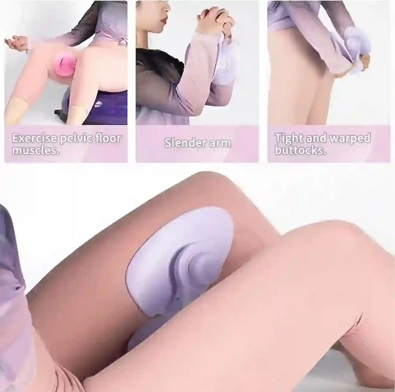 Product being used on legs with text labels on a white background