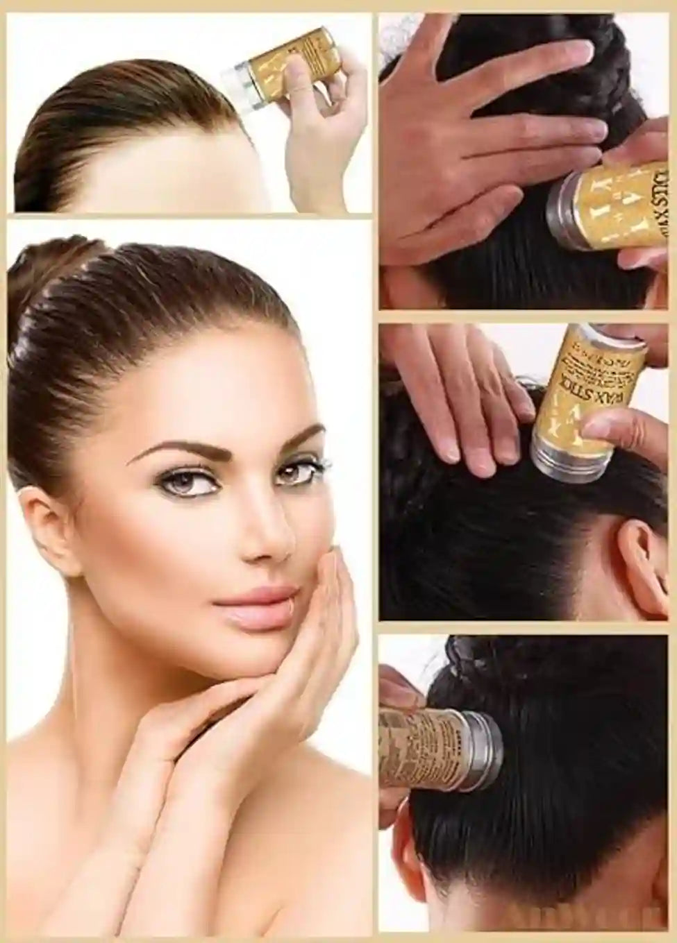 Collage of a woman applying hair product with close-up shots of the product and application process.