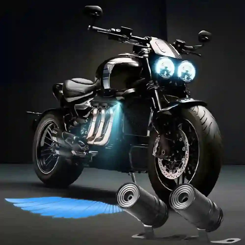 Motorcycle with glowing lights on a dark background