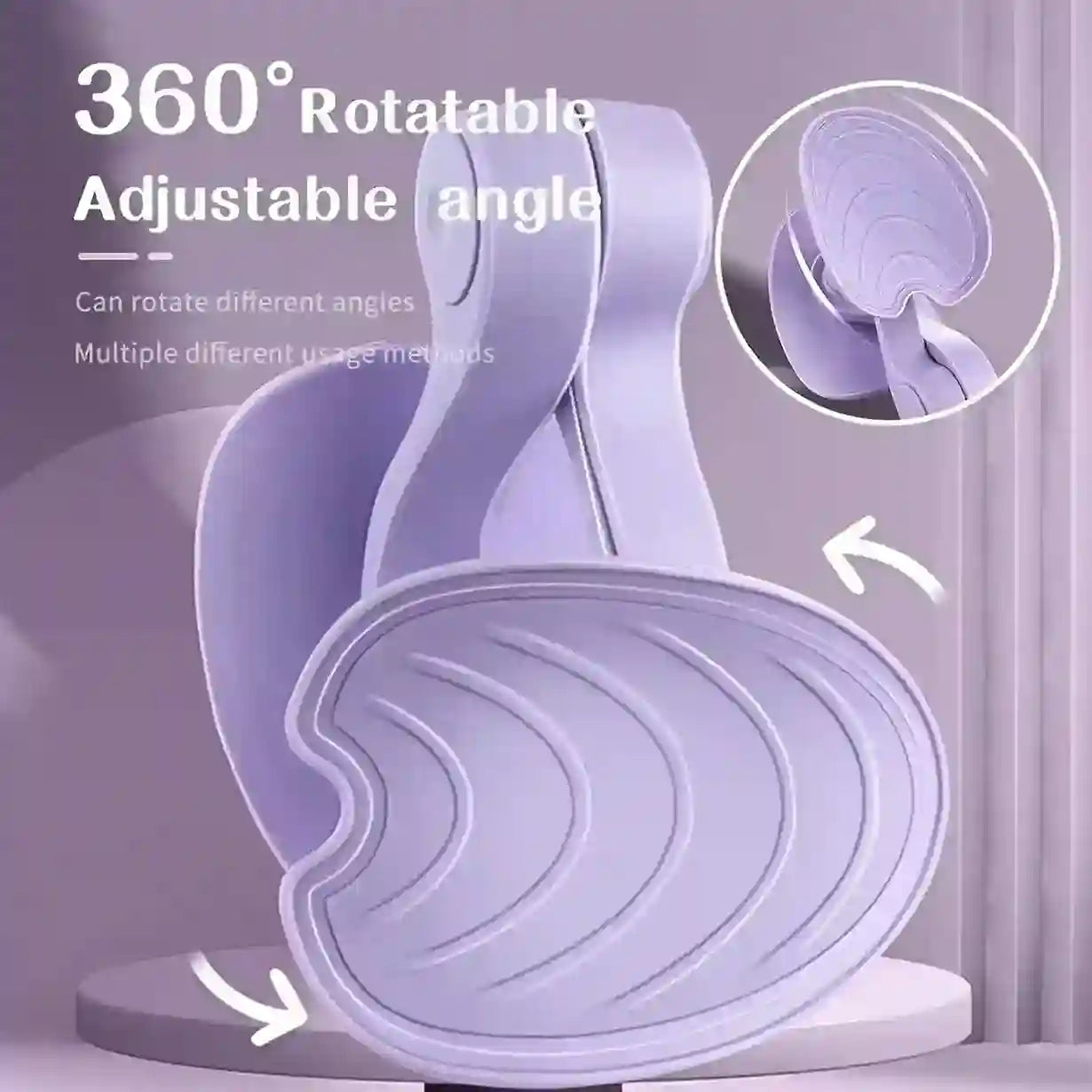 360-degree rotatable adjustable angle product on a stand with text overlay.