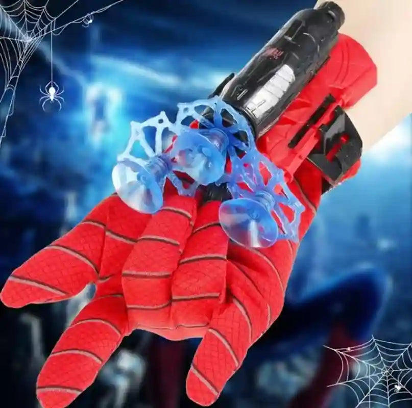 Red and black spider-themed glove with blue web发射器 against a dark background with spider webs.