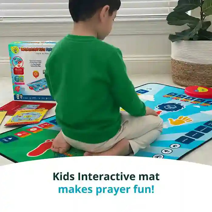Child sitting on a colorful interactive mat with educational toys around