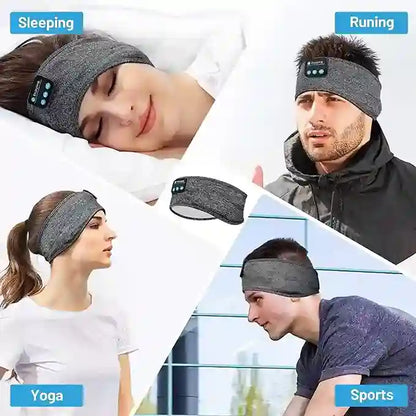 Collage of people wearing a gray headband with Bluetooth speaker, labeled for sleeping, running, yoga, and sports.