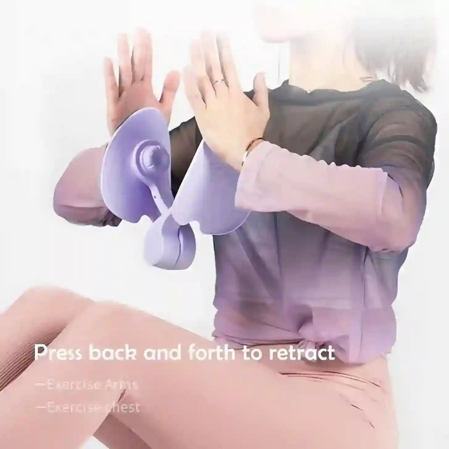 Person wearing a purple exercise arm device with text indicating its use.