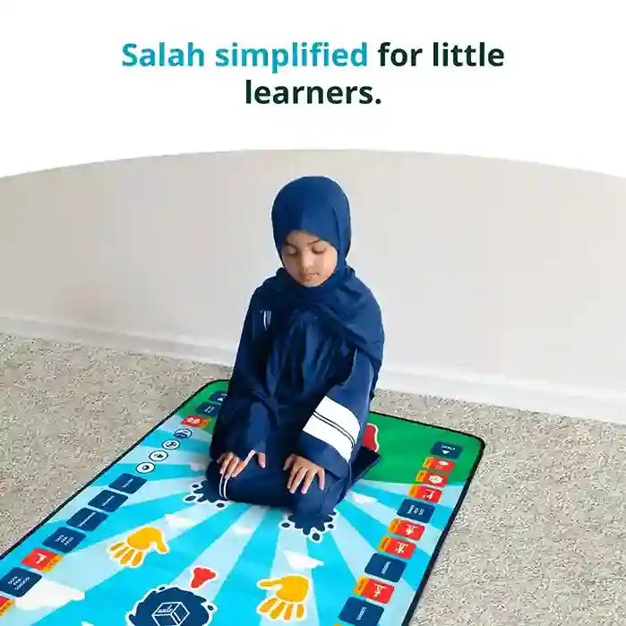 Child sitting on a colorful mat with text 'Salah simplified for little learners' above.
