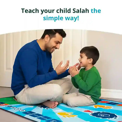 Man and child sitting on a colorful mat with text 'Teach your child Salah the simple way!'.