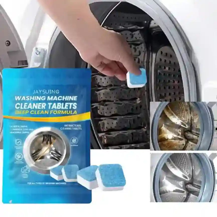 Washing machine cleaner tablets with packaging and before-and-after images of a dirty washing machine.