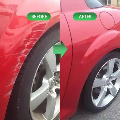 Before and after comparison of a red car's wheel with a green arrow pointing from 'before' to 'after'.