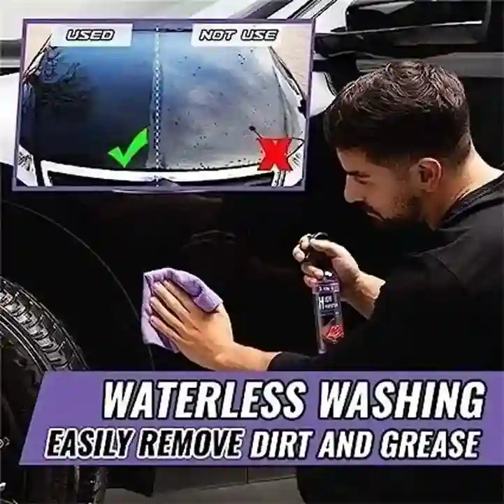 Person demonstrating waterless washing method on a car with text overlay.