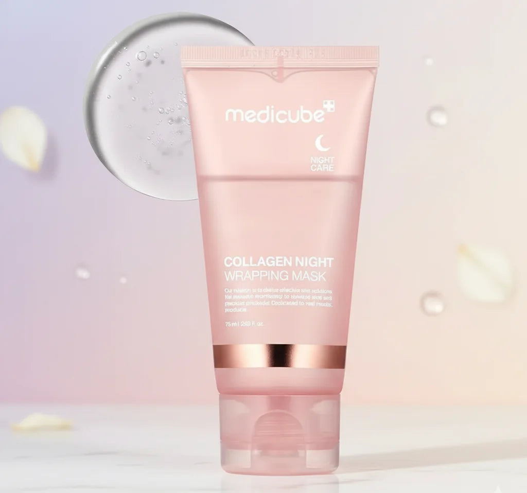 Medicube Collagen Night Wrapping Mask tube on a soft gradient background
