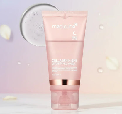 Medicube Collagen Night Wrapping Mask tube on a soft gradient background
