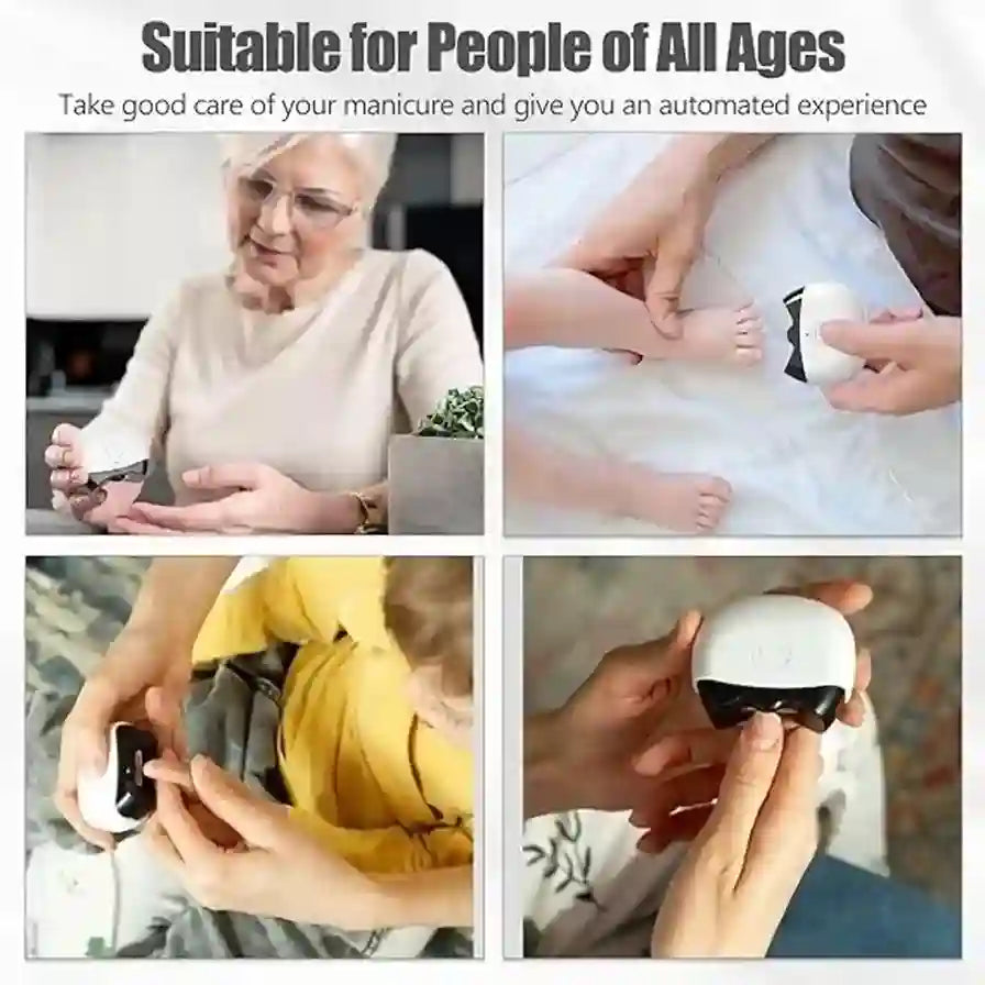 Product being used by different people, including an elderly woman, a child, and a person in a yellow shirt, with text indicating suitability for all ages.
