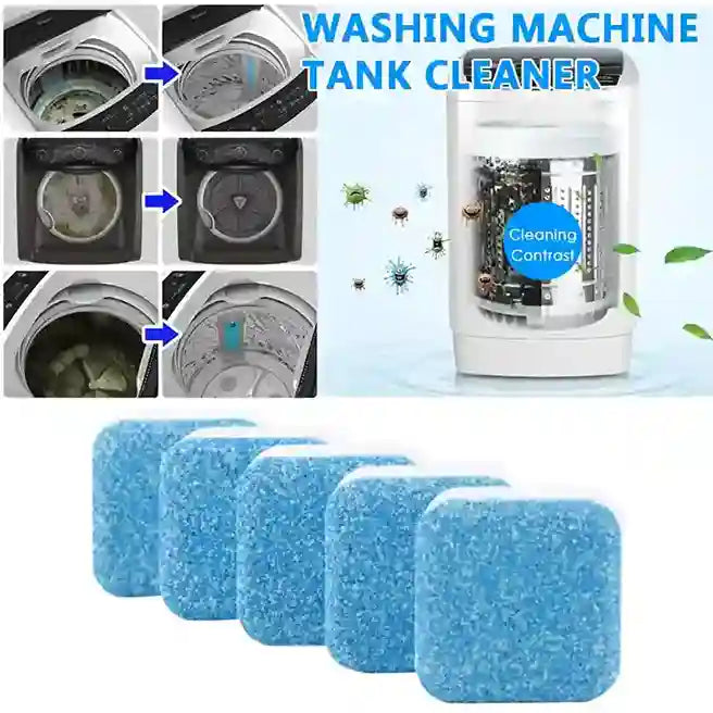 Washing machine tank cleaner with before-and-after images and cleaning contrast label.