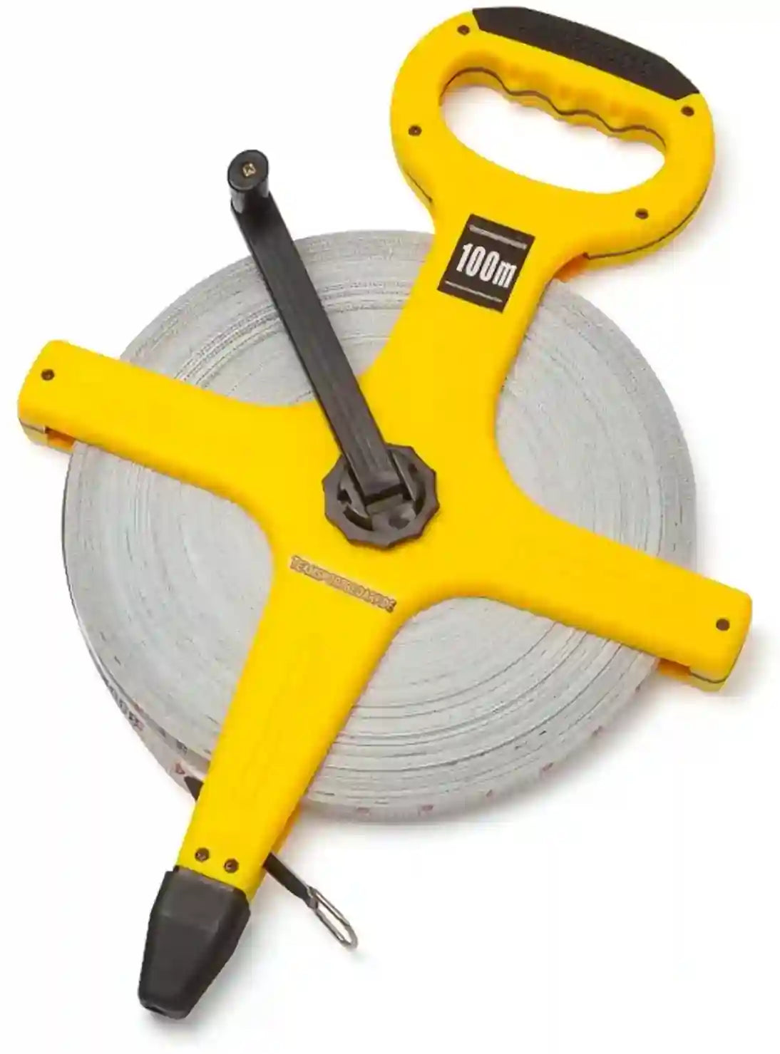 Yellow tape measure with a roll of white tape on a white background