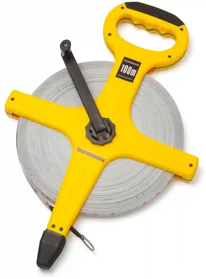 Yellow tape measure with a roll of white tape on a white background