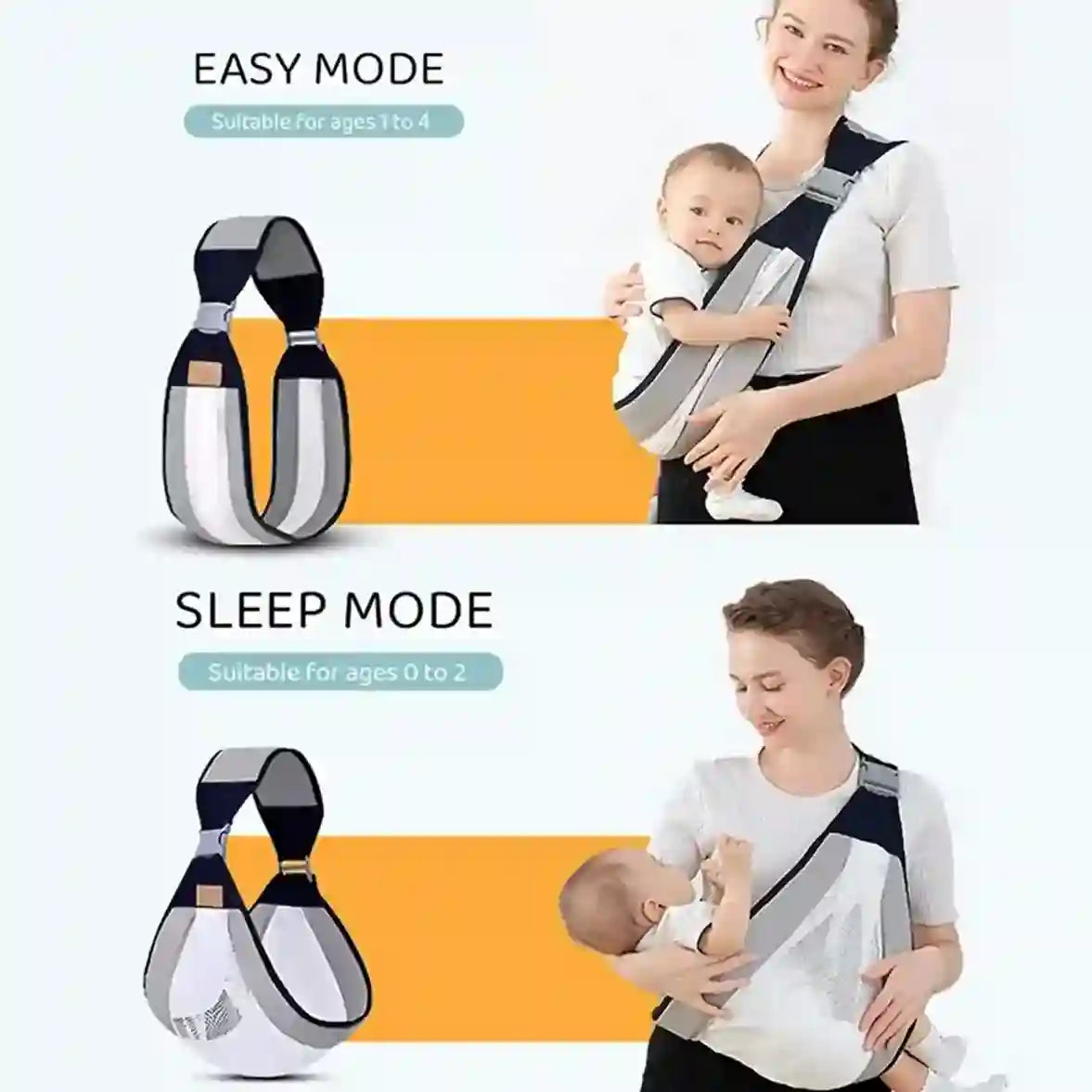 Baby carrier with mode options for easy and sleep modes, suitable for ages 1 to 4 and 0 to 2 respectively.