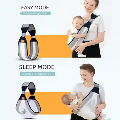 Baby carrier with mode options for easy and sleep modes, suitable for ages 1 to 4 and 0 to 2 respectively.