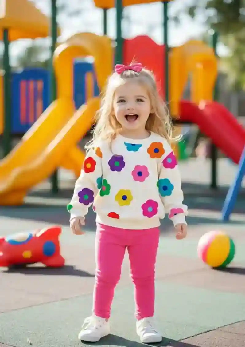 Child wearing a colorful floral sweater and pink pants standing in front of playground equipment.