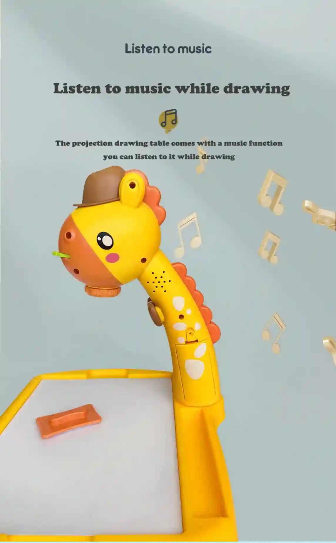 Yellow dinosaur-shaped projection drawing table with music function on a light blue background