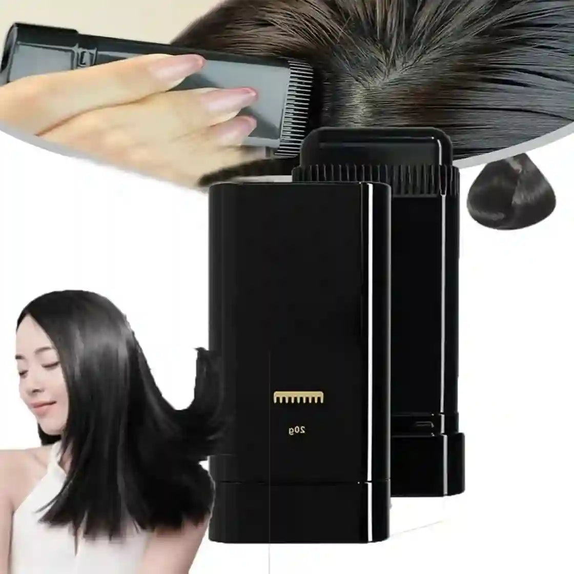 Hair straightening device with a woman using it and another woman with straight hair on a white background.