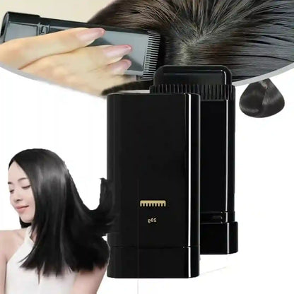 Hair straightening device with a woman using it and another woman with straight hair on a white background.