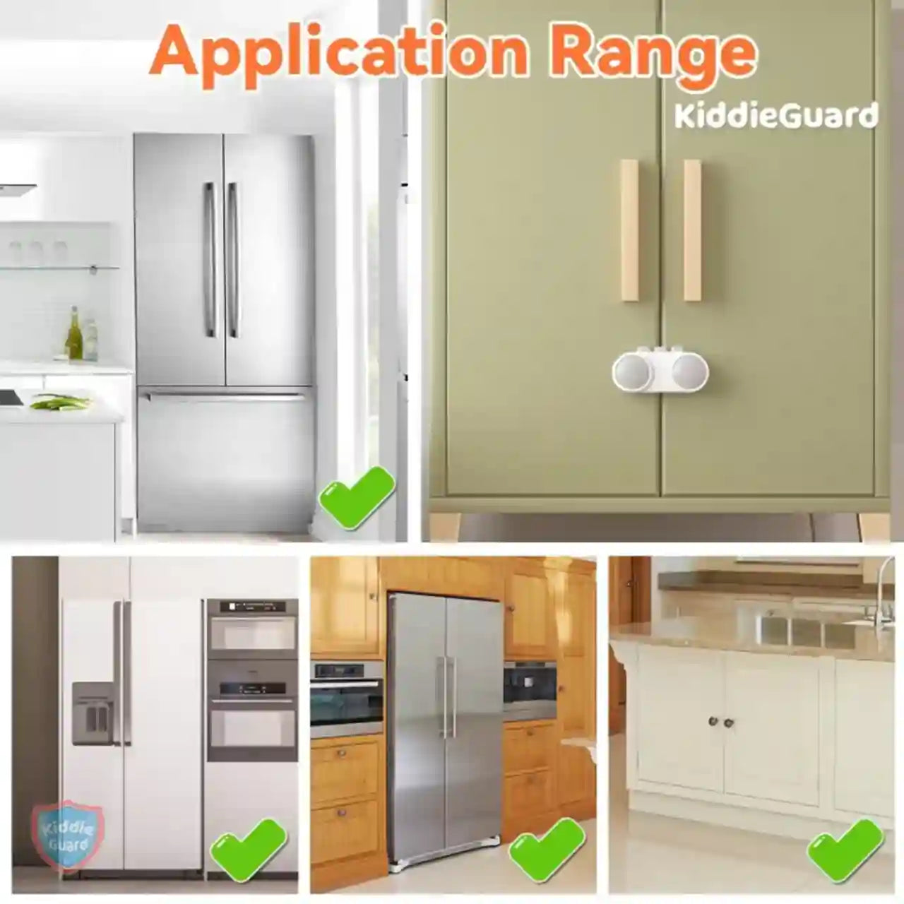 Collage of kitchen appliances with KiddleGuard product displayed, indicating its application range.