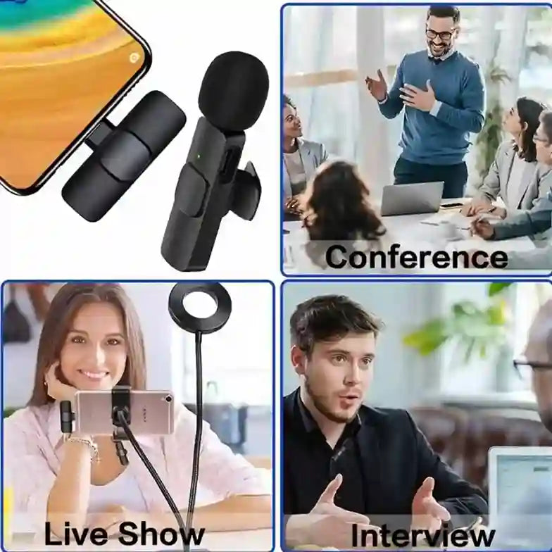 Black microphone clip with use cases for conference, live show, and interview on a white background.