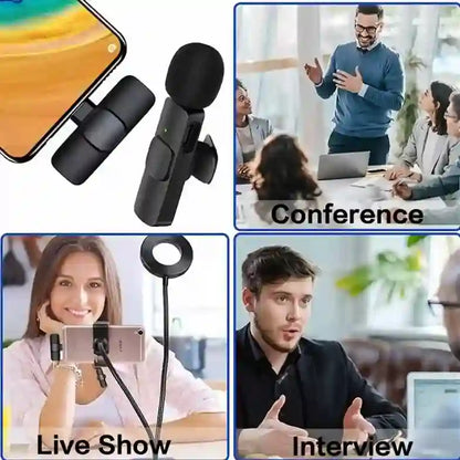 Black microphone clip with use cases for conference, live show, and interview on a white background.